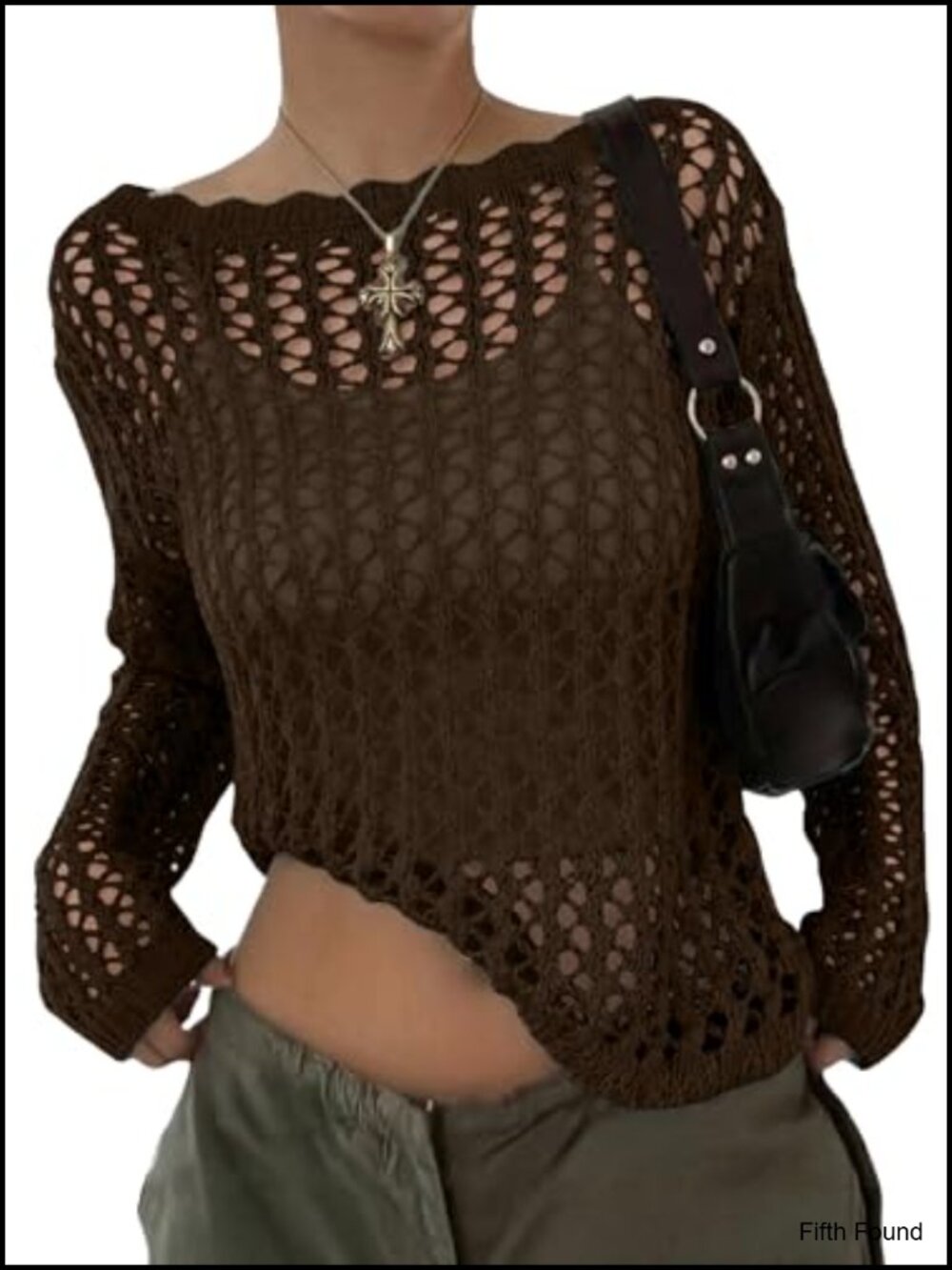 Crochet Sweater Hollow Out Knit Long Sleeve Boat Neck Pullover